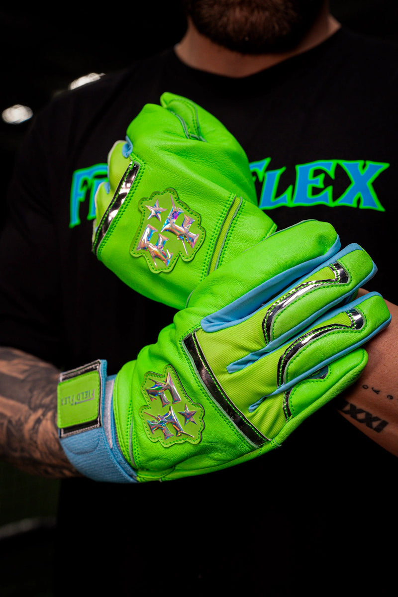 Field Flex neon green goat leather batting gloves with Power Strap wrist support